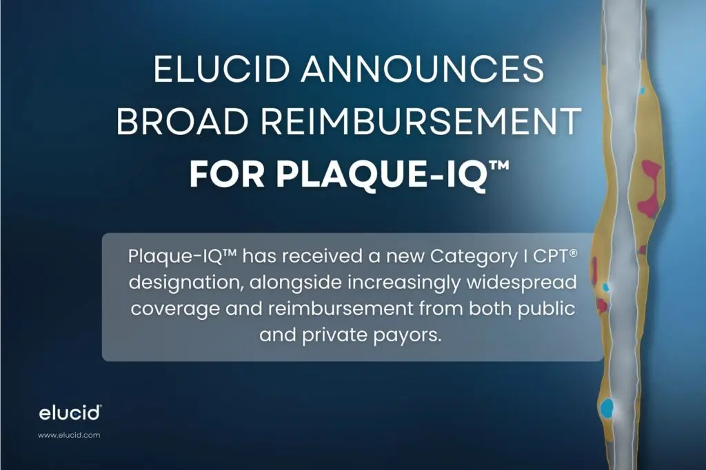 Blue graphic announcing broad reimbursement for Plaque-IQ™, with text and a carotid artery illustration on right.