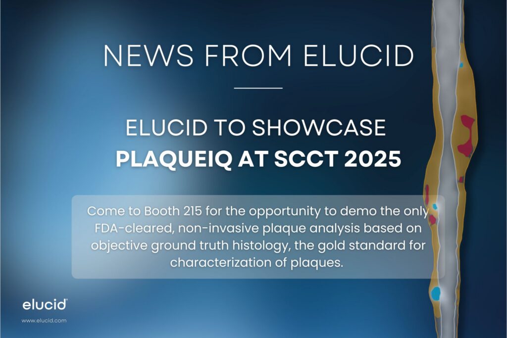 News graphic announcing Elucids PlaqueIQ showcase at SCCT 2025, with a plaque diagram on the right.
