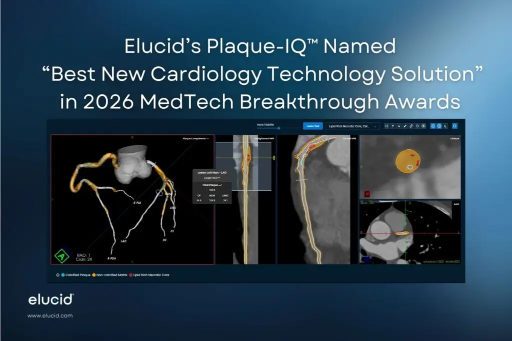 Screenshot of Elucid’s software with text announcing its 2026 MedTech Breakthrough Award for cardiology tech.