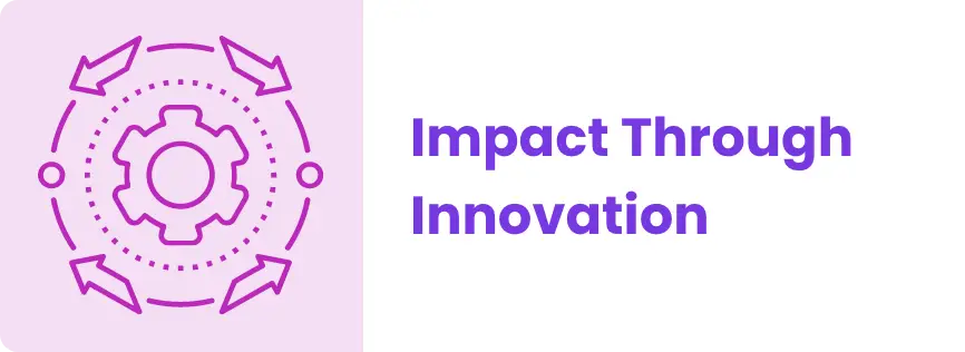Purple gear and arrows icon next to text reading Impact Through Innovation on a white and purple background.