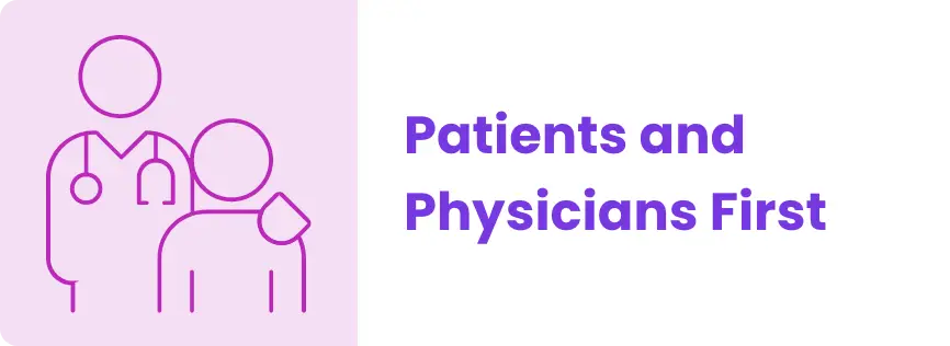 Purple line art of two people, one with a stethoscope, next to text: Patients and Physicians First.