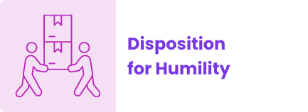 Two figures carry stacked boxes; text reads Disposition for Humility in bold purple letters on a white background.