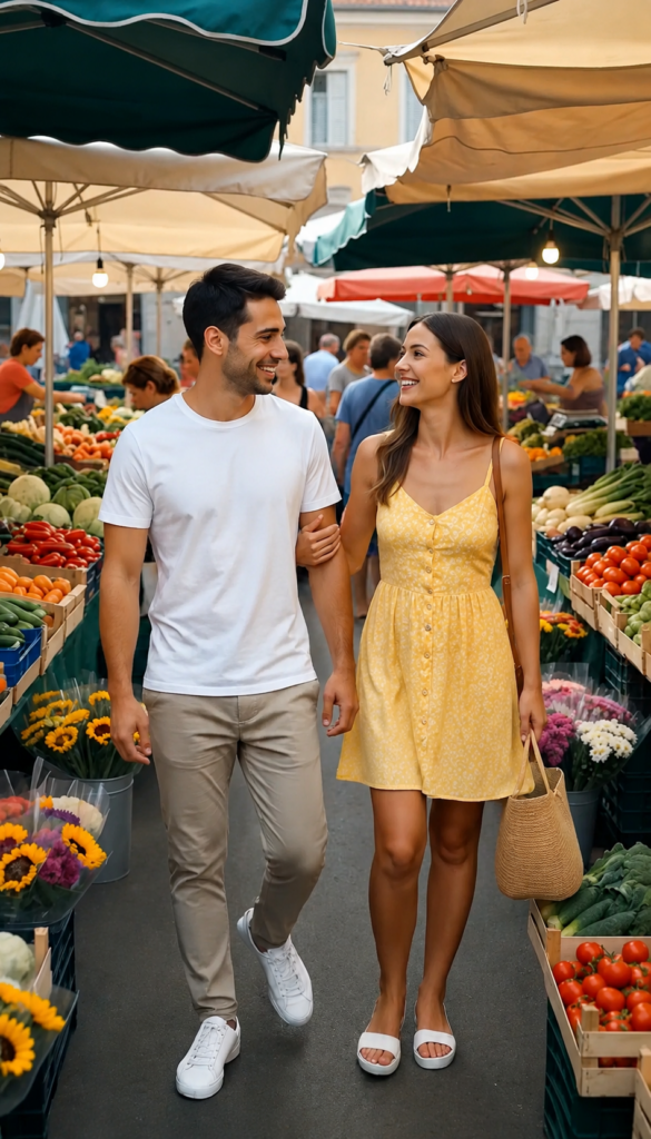 A smiling couple walks arm-in-arm through a vibrant outdoor market full of fresh vegetables and flowers.