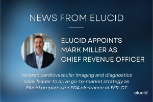 Smiling man in suit beside text announcing Mark Miller as Chief Revenue Officer at Elucid, with background blur.